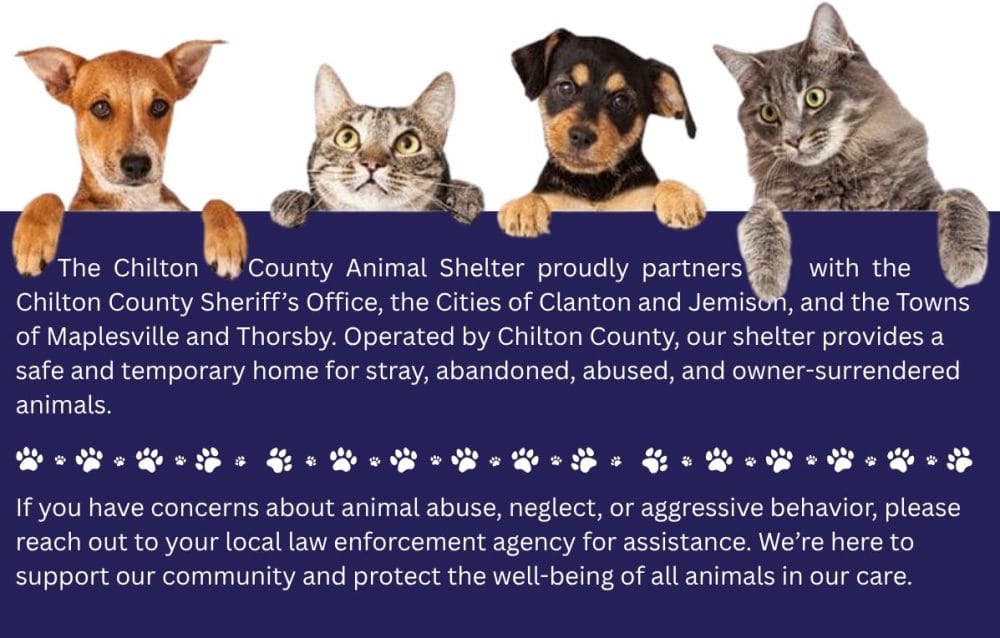 The Chilton County Animal Shelter proudly partners with the Chilton County Sheriff’s Office, the Cities of Clanton and Jemison, and the Towns of Maplesville and Thorsby.